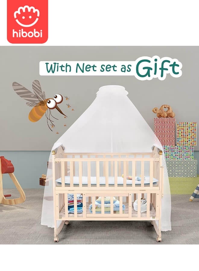 Luxury 6-in-1 Multifunctional Baby Crib | Natural New Zealand Pine | Paint-Free & Formaldehyde-Free | 360° Swivel Wheels | With Mosquito Net | Large Storage | For Ages 0–6