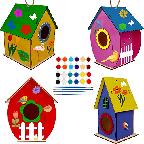 Glintoper Art Craft Wood Toys for Kids 4 Pack DIY Bird House Kit Painting Puzzle DIY Wooden Assembly Build and Paint Birdhouse Include Paints Brushes Wooden Arts for Girls Boys Toddlers - Image 1