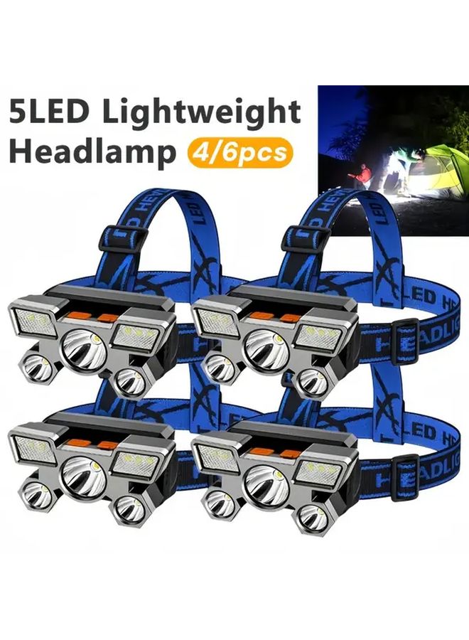 6 Pcs Hands Free Headlamp 5LED USB Rechargeable 400mAh Adjustable Light - Image 4