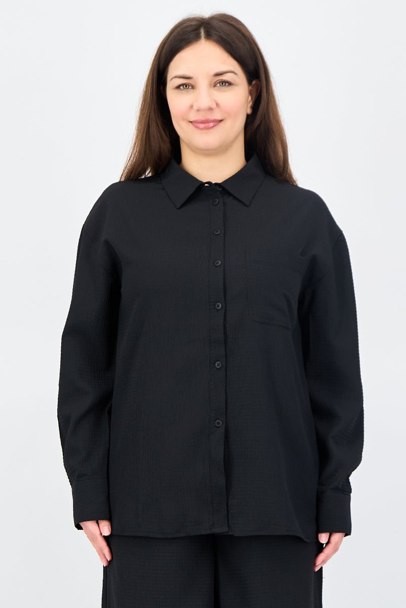 ANNE KLEIN Women 2 Pieces Spread Collar Long Sleeve Plain Shirt And Pants Set, Black - Image 4