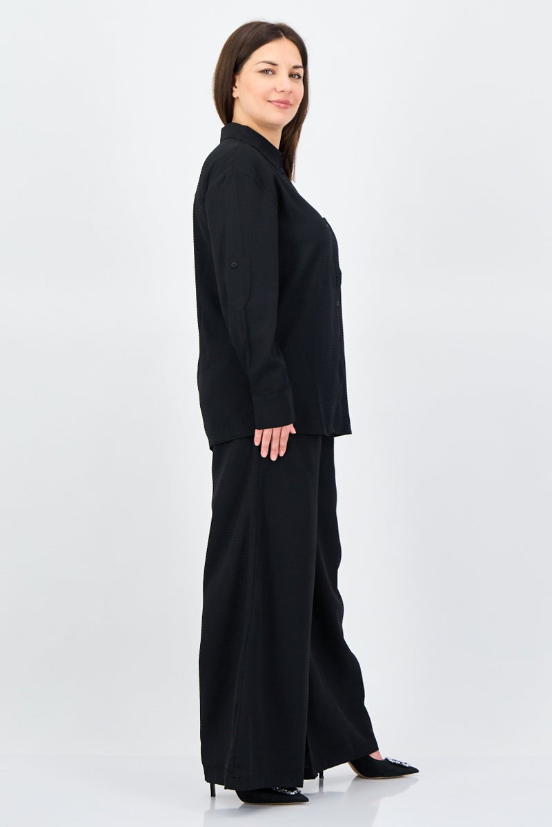 ANNE KLEIN Women 2 Pieces Spread Collar Long Sleeve Plain Shirt And Pants Set, Black - Image 3