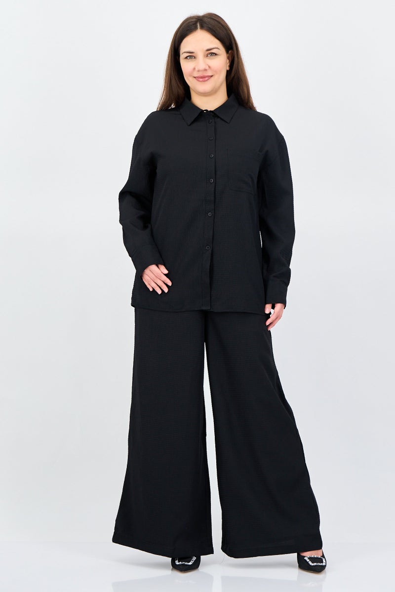 ANNE KLEIN Women 2 Pieces Spread Collar Long Sleeve Plain Shirt And Pants Set, Black - Image 1