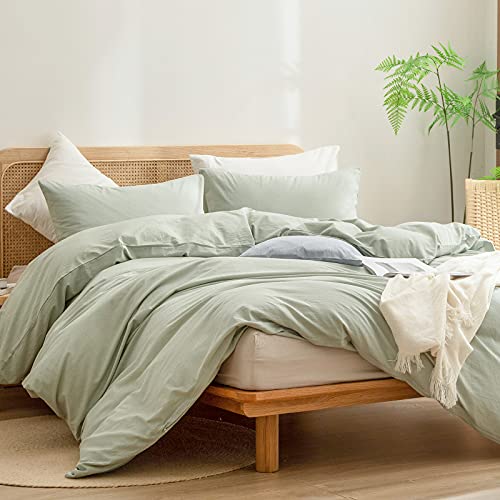 BESTOUCH Duvet Cover Set 100% Washed Cotton Linen Feel Super Soft Comfortable Chic Lightweight 3 PCs Home Bedding Set Sage Green King - Image 4