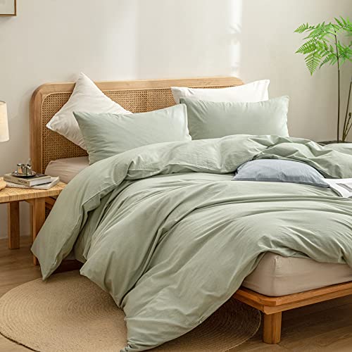 BESTOUCH Duvet Cover Set 100% Washed Cotton Linen Feel Super Soft Comfortable Chic Lightweight 3 PCs Home Bedding Set Sage Green King - Image 5