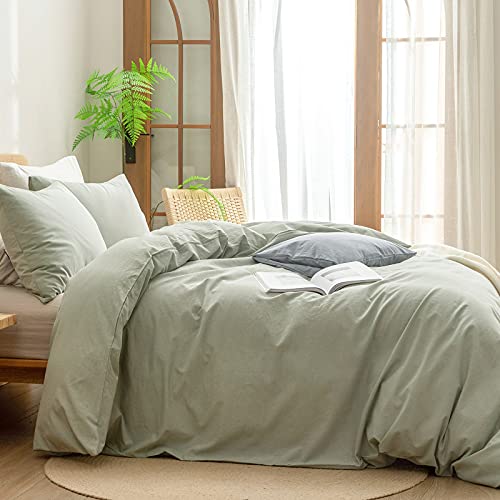 BESTOUCH Duvet Cover Set 100% Washed Cotton Linen Feel Super Soft Comfortable Chic Lightweight 3 PCs Home Bedding Set Sage Green King - Image 3