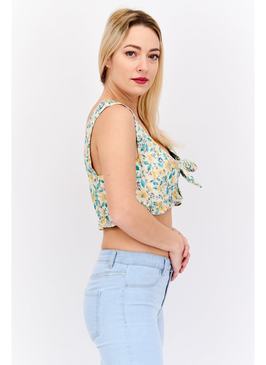 forever new Women Square  Neck Sleeveless Floral Print Crop Top, Beige Combo  - Image 3