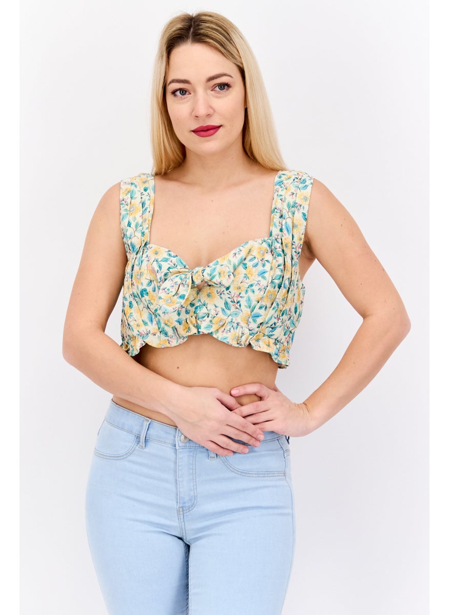 forever new Women Square  Neck Sleeveless Floral Print Crop Top, Beige Combo  - Image 1