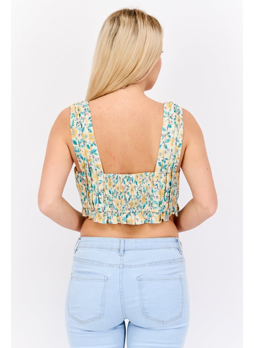 forever new Women Square  Neck Sleeveless Floral Print Crop Top, Beige Combo  - Image 2