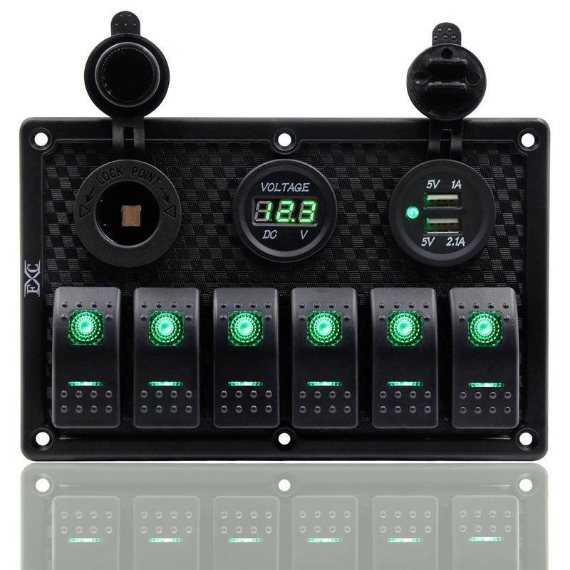 FXC Waterproof Marine Boat Rocker Switch Panel 6 Gang with Dual USB Slot Socket + Cigarette Lighter + Digital Voltage Display LED Light for Car Rv Vehicles Truck (6 Gang Green Light) - Image 1