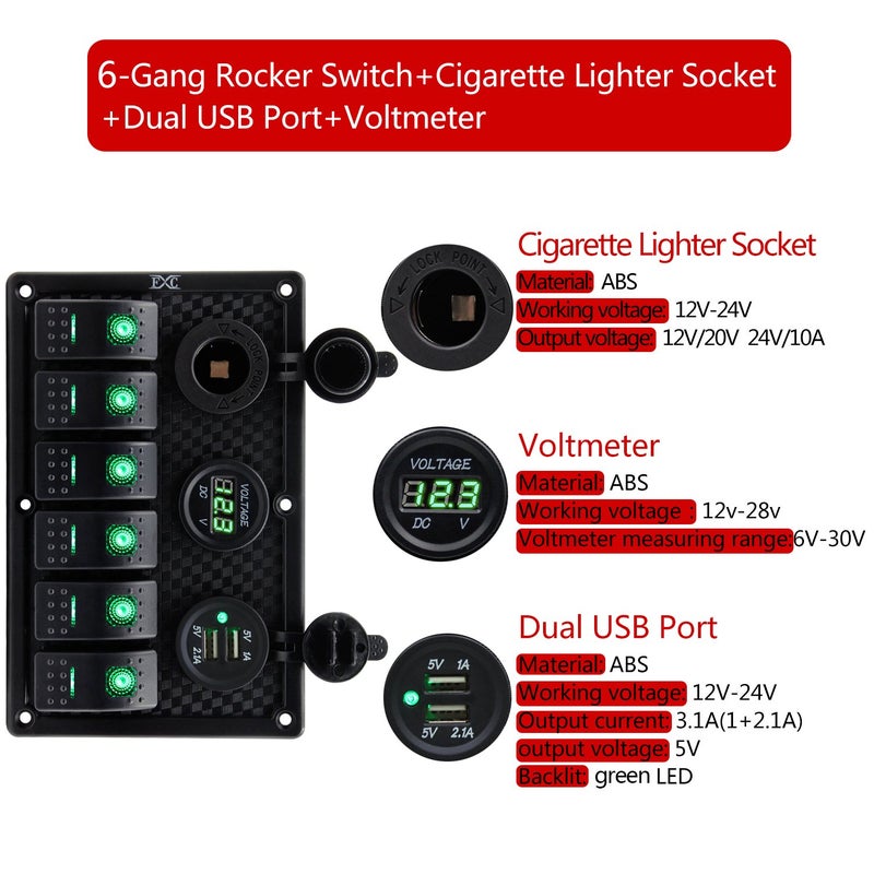 FXC Waterproof Marine Boat Rocker Switch Panel 6 Gang with Dual USB Slot Socket + Cigarette Lighter + Digital Voltage Display LED Light for Car Rv Vehicles Truck (6 Gang Green Light) - Image 2