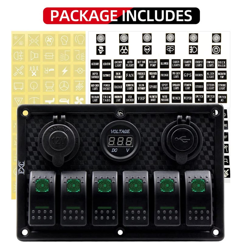 FXC Waterproof Marine Boat Rocker Switch Panel 6 Gang with Dual USB Slot Socket + Cigarette Lighter + Digital Voltage Display LED Light for Car Rv Vehicles Truck (6 Gang Green Light) - Image 3