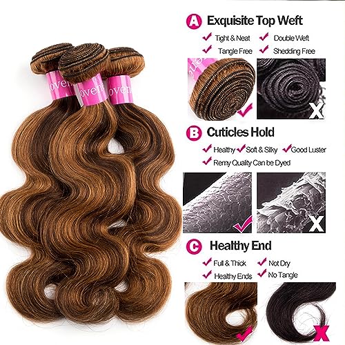Lovenea Brown Highlight Ombre Body Wave Human Hair Weave 3 Bundles 12 14 16 inch Brazilian 100% Remy Human Hair Weft Extensions(FB30, 12 14 16) - Image 3