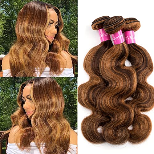 Lovenea Brown Highlight Ombre Body Wave Human Hair Weave 3 Bundles 12 14 16 inch Brazilian 100% Remy Human Hair Weft Extensions(FB30, 12 14 16) - Image 1