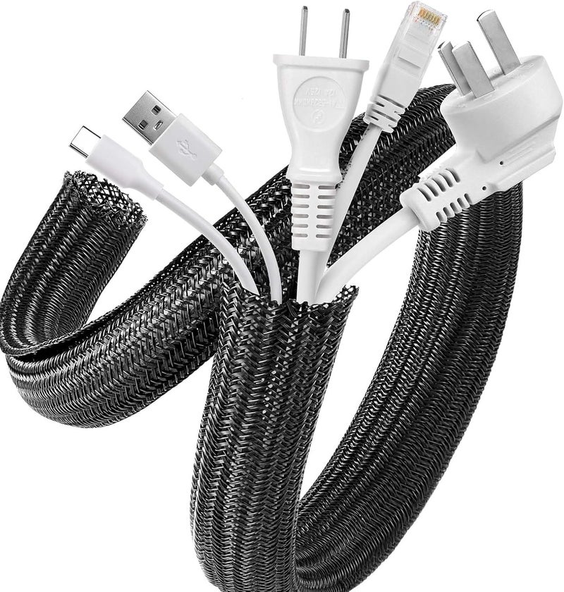 AGPTEK Cable Sleeve, 10ft - 1 inch Cable Management Desk Cord Cover Organizer Wire Hider for Home Office Computer TV Wire Loom Tubing Pet Proof Cord Protector from Cat Dog Chewing, Black - Image 1