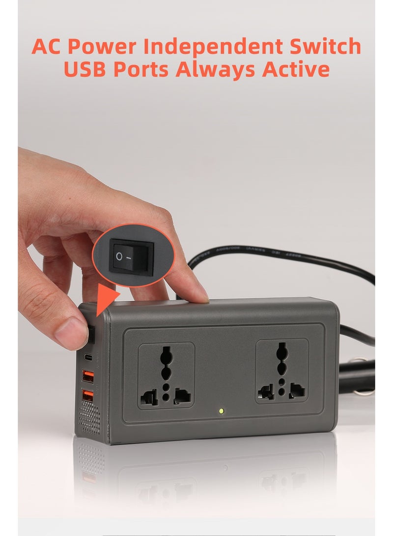 Generic WSE 150W Car Power Inverter Newly Car Plug Adapter Outlet Charger DC 12V to 220V Car Inverter with  2.4A USB-A x2 and 1 PD Type C Ports, Grey  - Image 4
