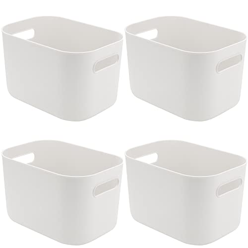 JOIKIT 4 Pack White Storage Bins with Handles, White Bathroom Kitchen Organizer Bin, White Plastic Vanity Storage Bins for Hand Soap, Body Washes, Towels, Shampoos, Lotions, Bath Balls, 10x7x6.3 Inch - Image 1