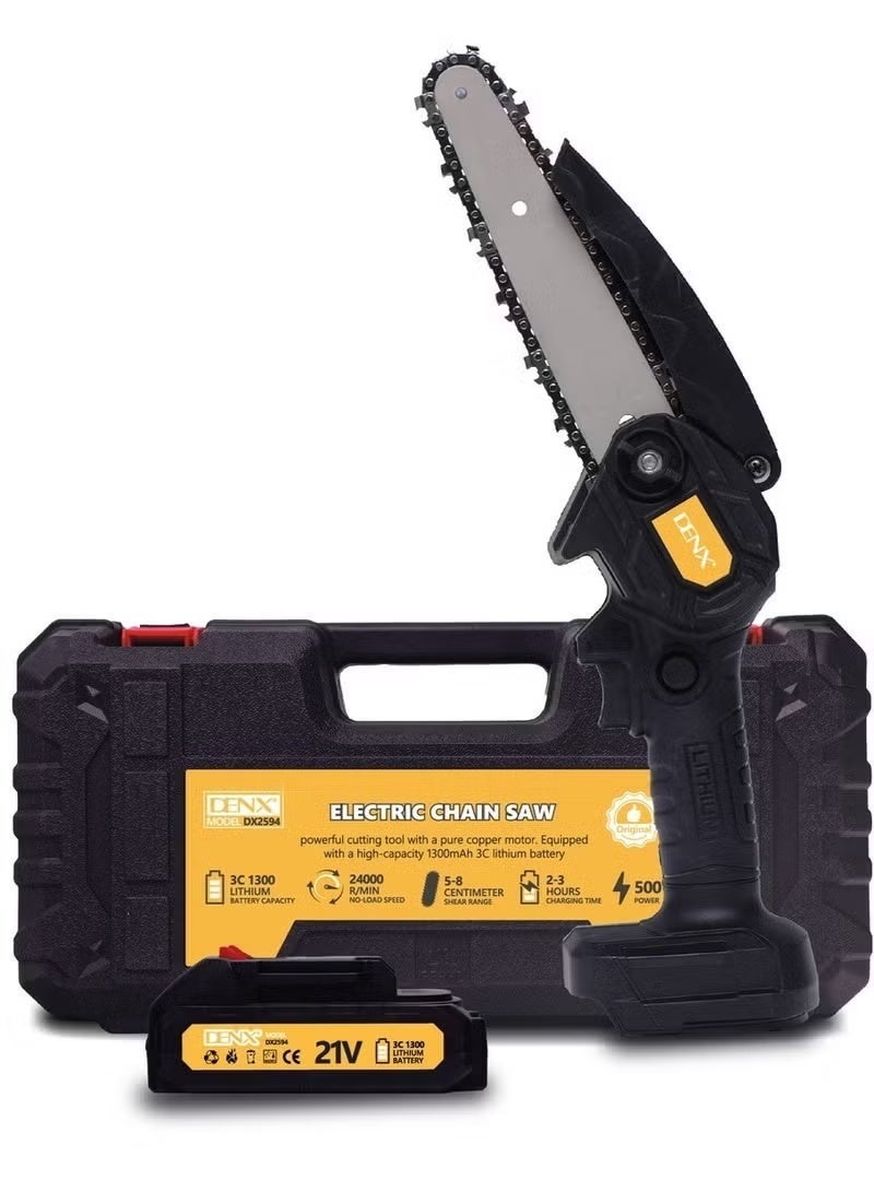 Denx Lightweight Cordless Chainsaw with Rechargeable Lithium Battery, One-Hand Operation, Electric Wood Cutter 500W Motor 2400 RPM, Portable Outdoor Tool for Branches & Logs - Image 1