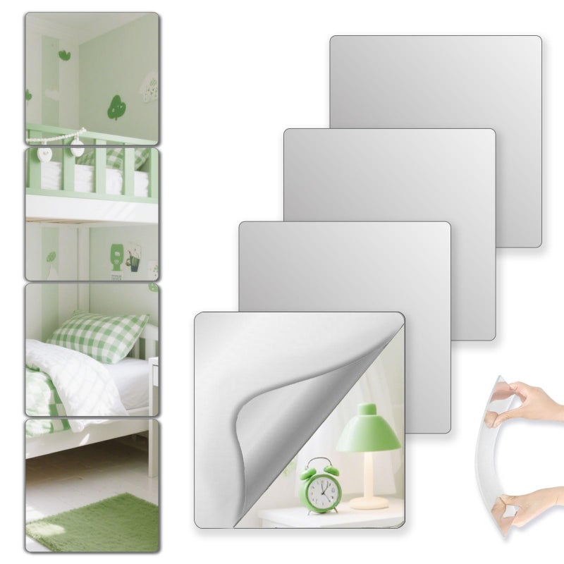 VXKZF Shatterproof Peel and Stick on Mirror Tiles for Wall Decorative, 4 pcs 8â€x8â€ Unbreakable Small Mirrors for Wall Classroom Decor, Toddlers Mirror for Kids Bedroom, Plastic Door Adhesive Mirrors - Image 1