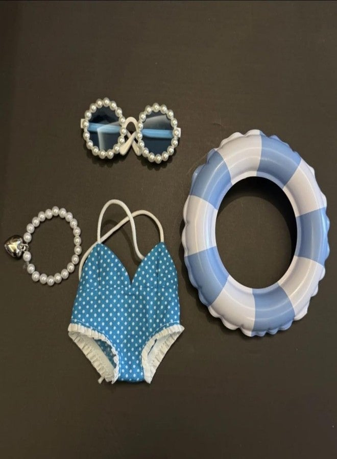Pmuul Stylish Summer Beach Clothes Set Suitable for Labubu 17cm/15cm - Fashion Outfit(Doll Not Included) (Blue Swimsuit+Swim Ring+Necklace+Glasses) - Image 3