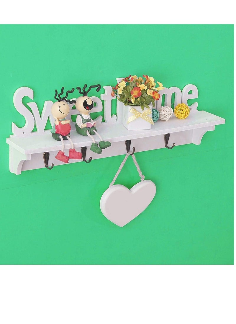 Generic FFD Decorative White Wooden Key Holder with 4 Hooks Wall Mounted Shelf for Keys, Coats, Hats Ideal for Living Room, Bedroom  - Image 1