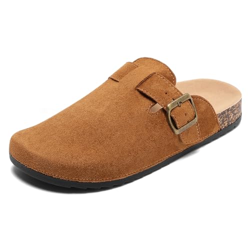 DDXYYDS Suede Clogs Men & Women Unisex Leather Mules Soft Cork Footbed Adjustable Buckle Slip Sandals Potato Shoes with Arch Support Brown - Image 1