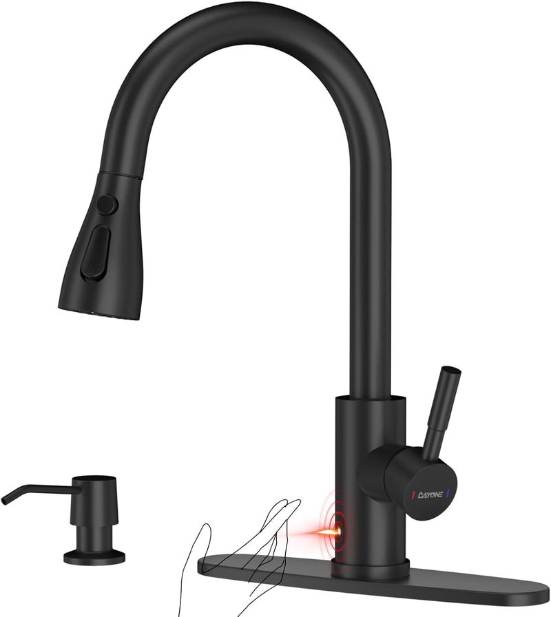 DAYONE Touchless Kitchen Sink Faucet with Pull Down Sprayer and Soap Dispenser, Black 3 Modes Motion Sensor Hands-Free Single Handle Touch Faucet for Kitchen Sink High Arc - Image 1