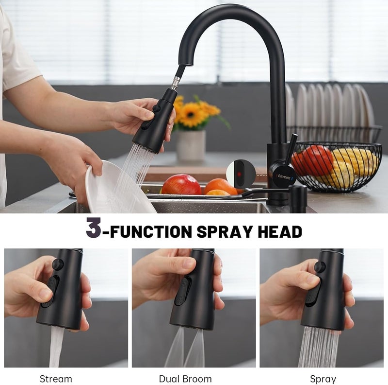 DAYONE Touchless Kitchen Sink Faucet with Pull Down Sprayer and Soap Dispenser, Black 3 Modes Motion Sensor Hands-Free Single Handle Touch Faucet for Kitchen Sink High Arc - Image 3