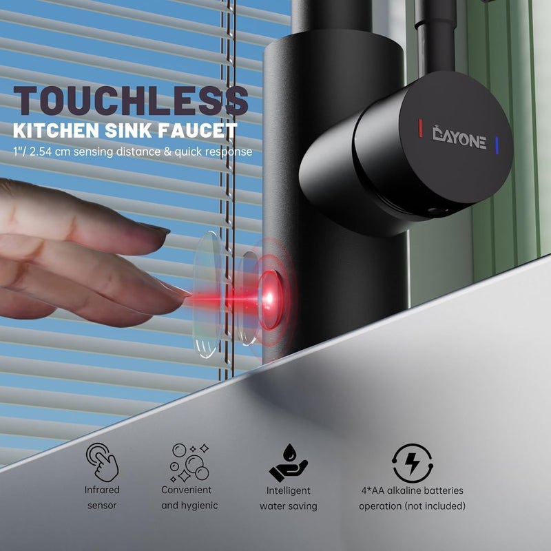 DAYONE Touchless Kitchen Sink Faucet with Pull Down Sprayer and Soap Dispenser, Black 3 Modes Motion Sensor Hands-Free Single Handle Touch Faucet for Kitchen Sink High Arc - Image 2