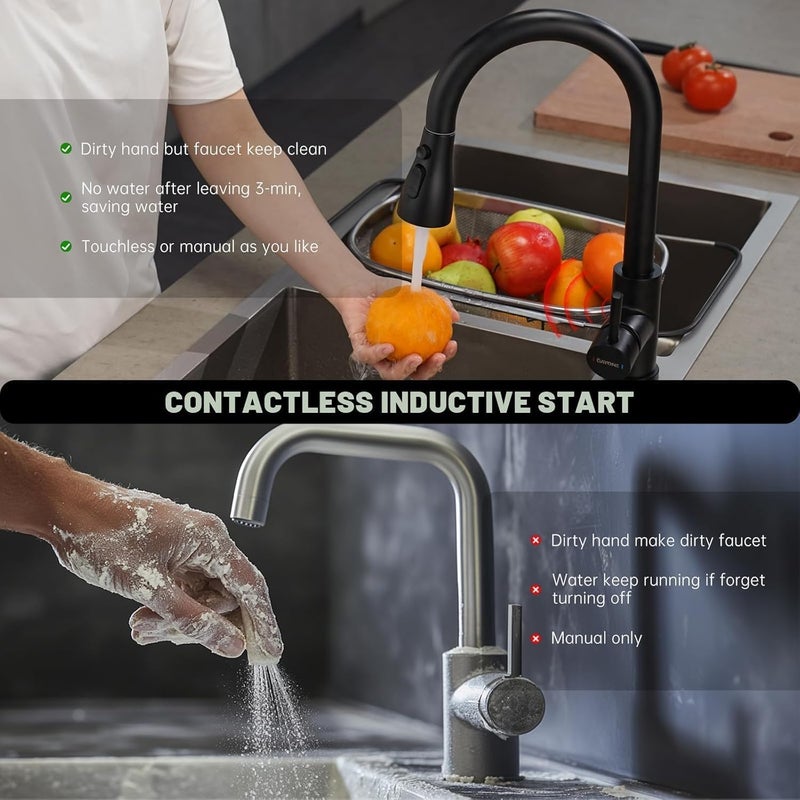 DAYONE Touchless Kitchen Sink Faucet with Pull Down Sprayer and Soap Dispenser, Black 3 Modes Motion Sensor Hands-Free Single Handle Touch Faucet for Kitchen Sink High Arc - Image 4