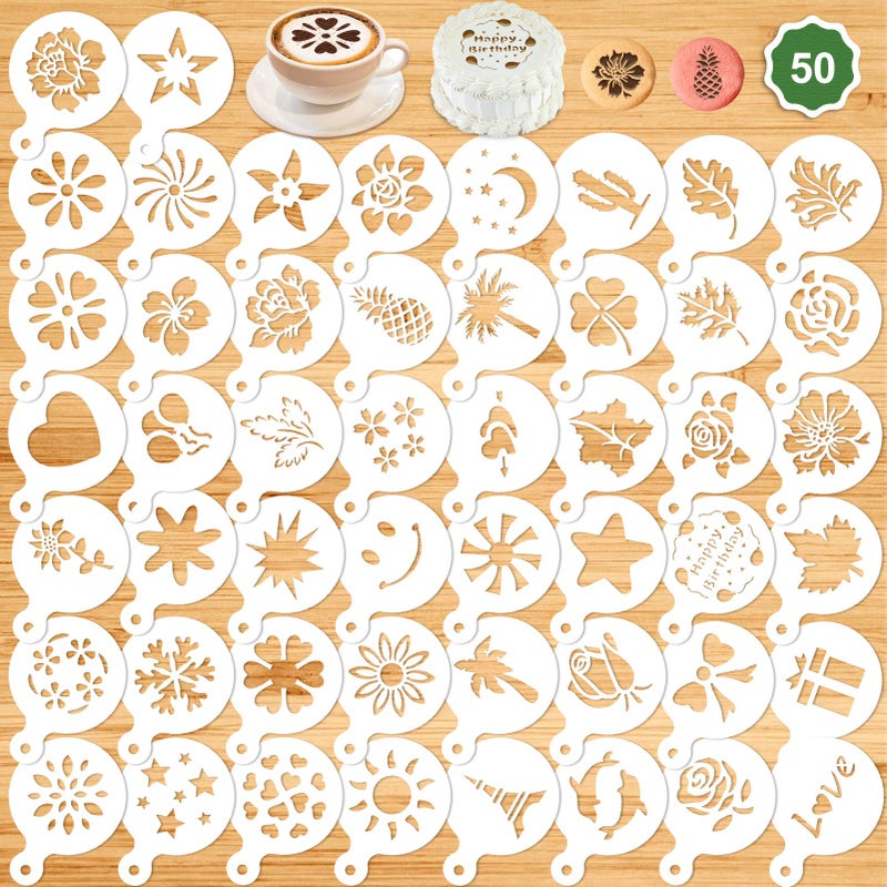 Konsait 50Pack Cake Stencil Templates Decoration, Reusable Cake Cookies Baking Painting Journal Mold Tools, Dessert, Coffee Decorating Molds Cappuccino Mousse Hot Chocolate for DIY Craft Decor - Image 1