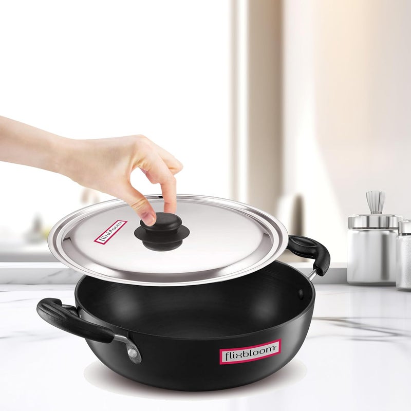 FLIXBLOOM فلكس بلوم حضري أسود مطلي أنوديكياً بقاعدة سميكة صديقة للغاز العميق أدوات الطهي وعاء كاداي مع غطاء من الفولاذ المقاوم للصدأ للطهي والتقديم 2 لتر - Image 1