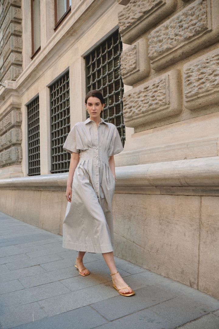EXQUISE Striped Midi Dress with Button Detail - Image 5