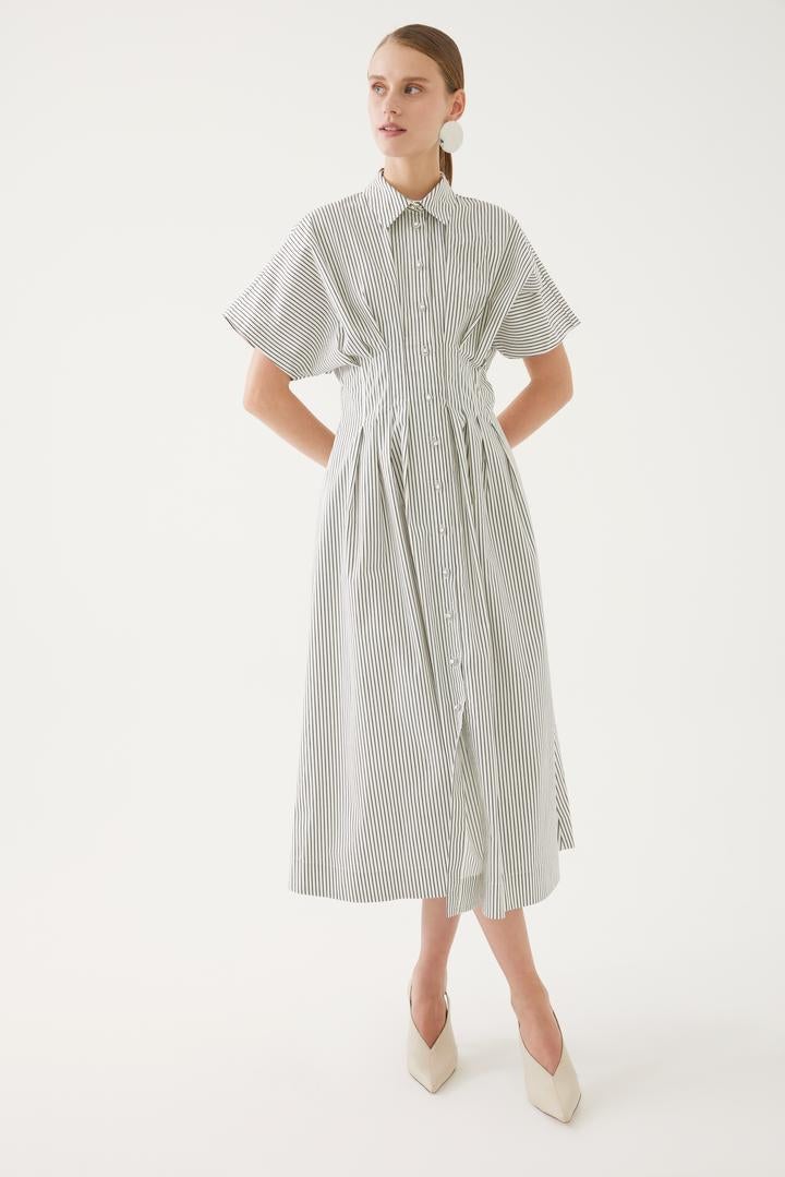 EXQUISE Striped Midi Dress with Button Detail - Image 1