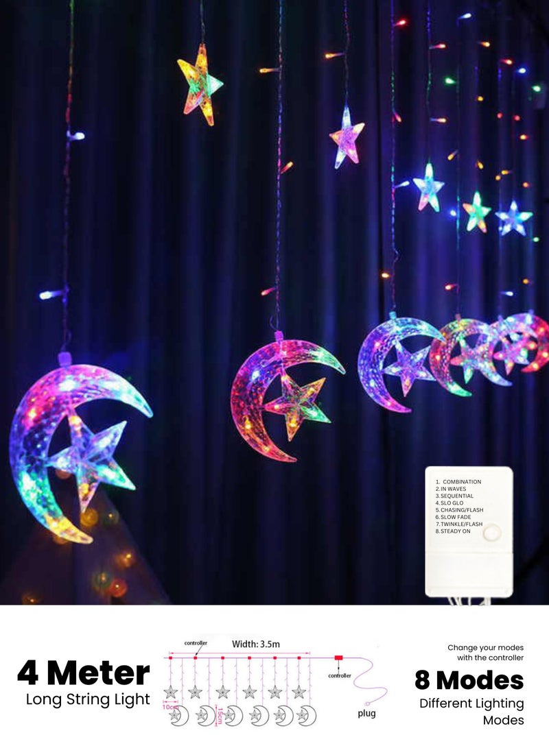 MODI Ramadan, Eid Crescent Moon Star Curtain LED Fairy 138 Lights RGB 4 meter, 8 Modes - Image 4