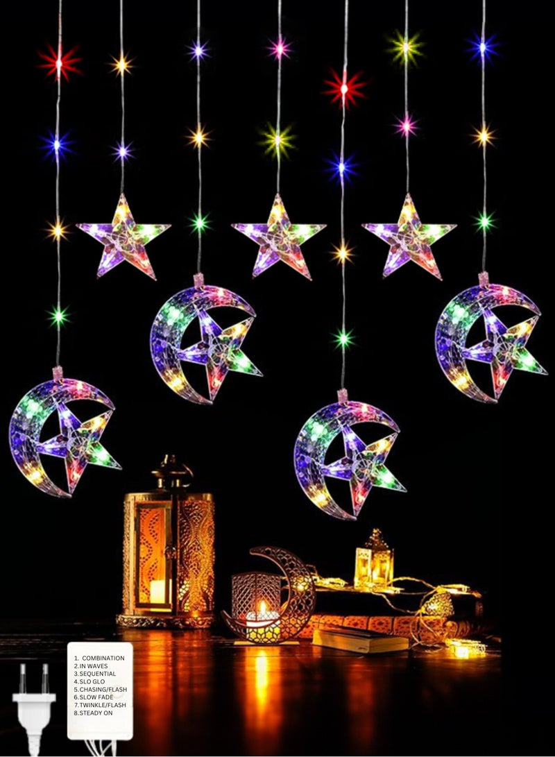 MODI Ramadan, Eid Crescent Moon Star Curtain LED Fairy 138 Lights RGB 4 meter, 8 Modes - Image 1