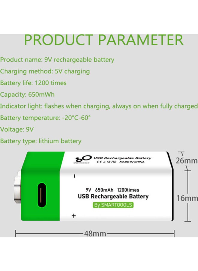 Type-C Port Rechargeable 9V Lithium Battery Multicolour 9.60 x 1.80 x 9.00cm - Image 4