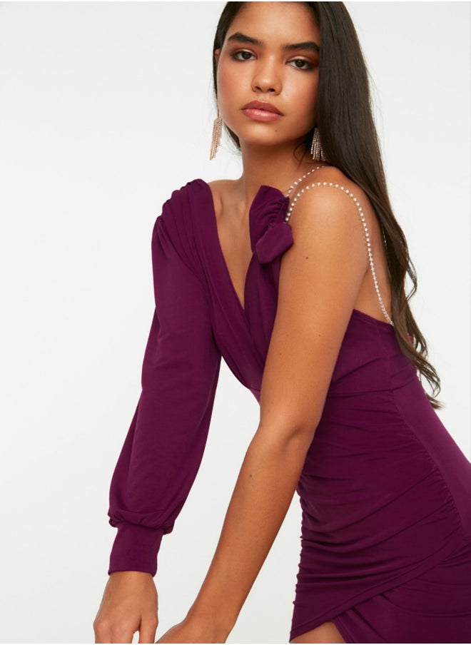 trendyol - Plum Shiny Stone Knitted Stylish Mini Evening Dress TPRSS22EL0451 - Image 1