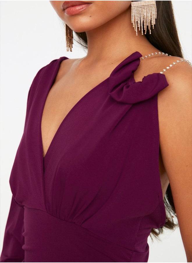 trendyol - Plum Shiny Stone Knitted Stylish Mini Evening Dress TPRSS22EL0451 - Image 1
