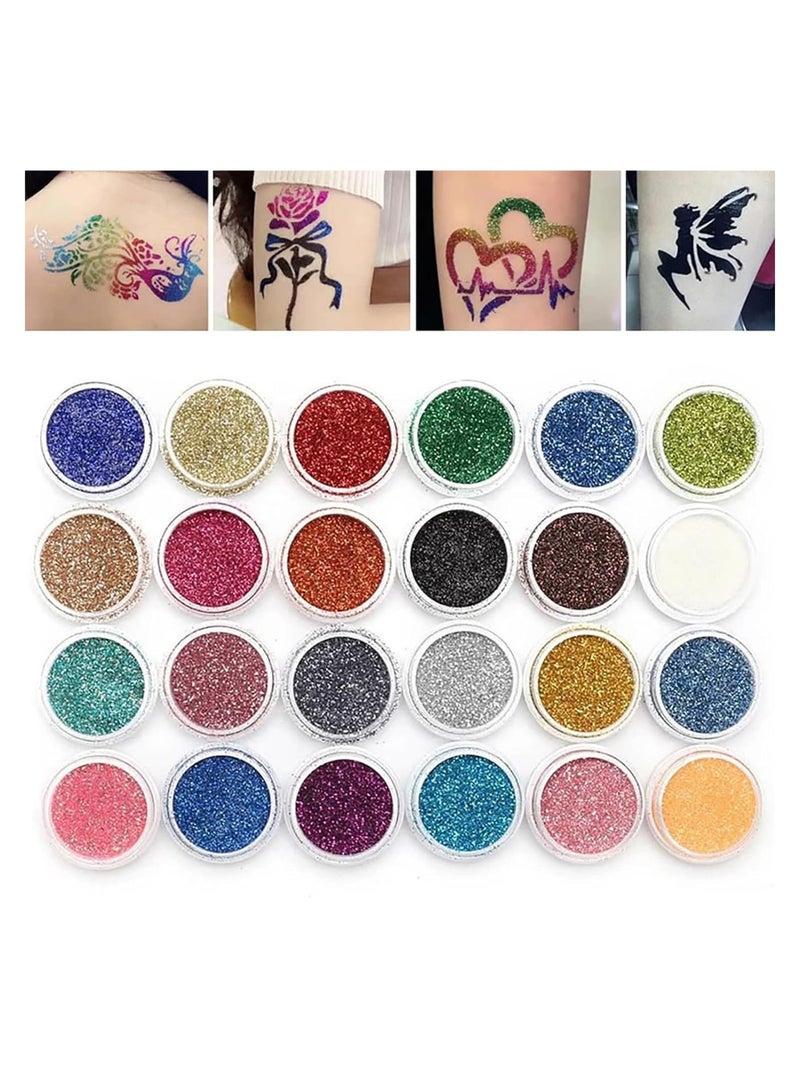 Generic Temporary Glitter Tattoo Kit 24 Colors Body Glitter with 5 Brushes 2 Glue and Stencils, Temporary Shimmer Tattoo for Body Face Nail Kids Stage Concert Party Wedding Makeup, Art Craft Card Make Tool  - Image 5