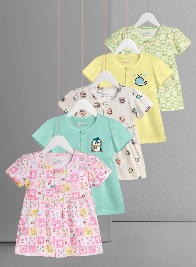 HELLCAT 100% Cotton Baby Frock Dress for Girls - Pack of 5, Soft & Trendy, Short Sleeve (0-18M)_Pink/Mint Green/Cream/Yellow/Green_12-18 Months - Image 2