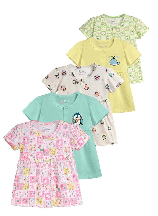 HELLCAT 100% Cotton Baby Frock Dress for Girls - Pack of 5, Soft & Trendy, Short Sleeve (0-18M)_Pink/Mint Green/Cream/Yellow/Green_12-18 Months - Image 1