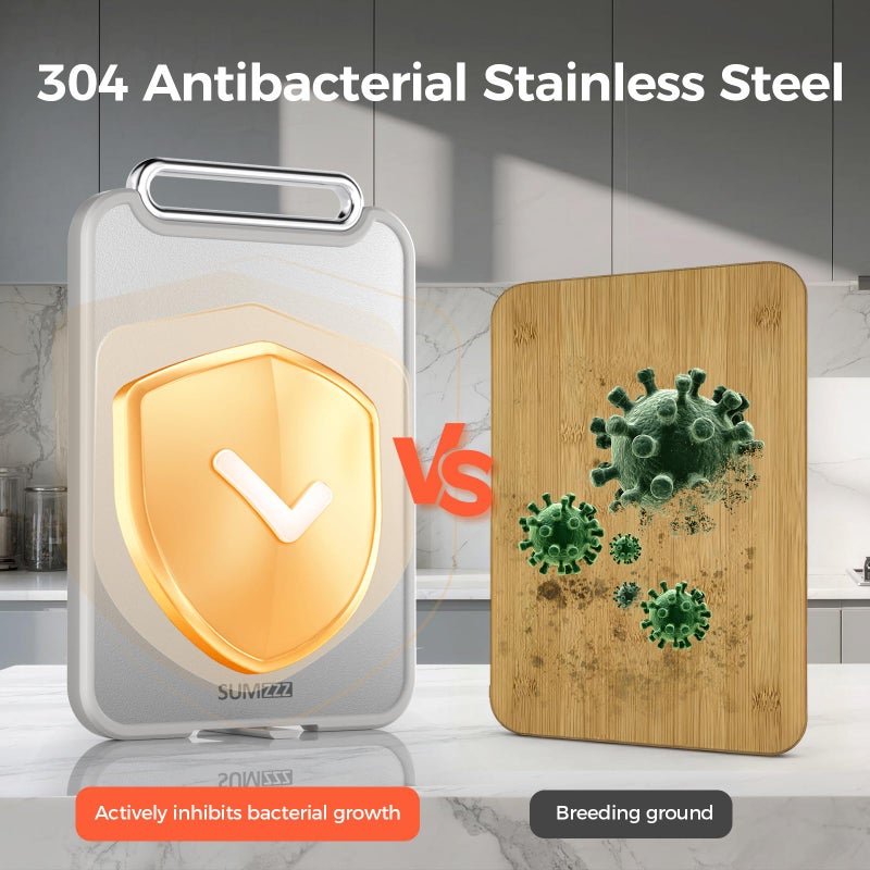 Sumzzz Stainless Steel Cutting Board for Kitchen, 2-in-1 Double-Sided Chopping Board, Food Grade Stainless Steel/PP (Silver, Set of 2(S+M)) - Image 4
