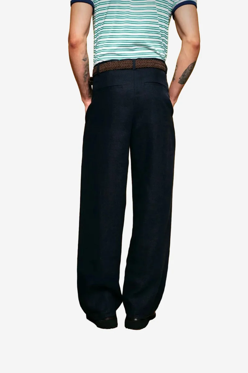 Giesto Navy Blue GIESTO Regular Fit Linen Straight Leg Pants with Pockets for Men | Best Price UAE