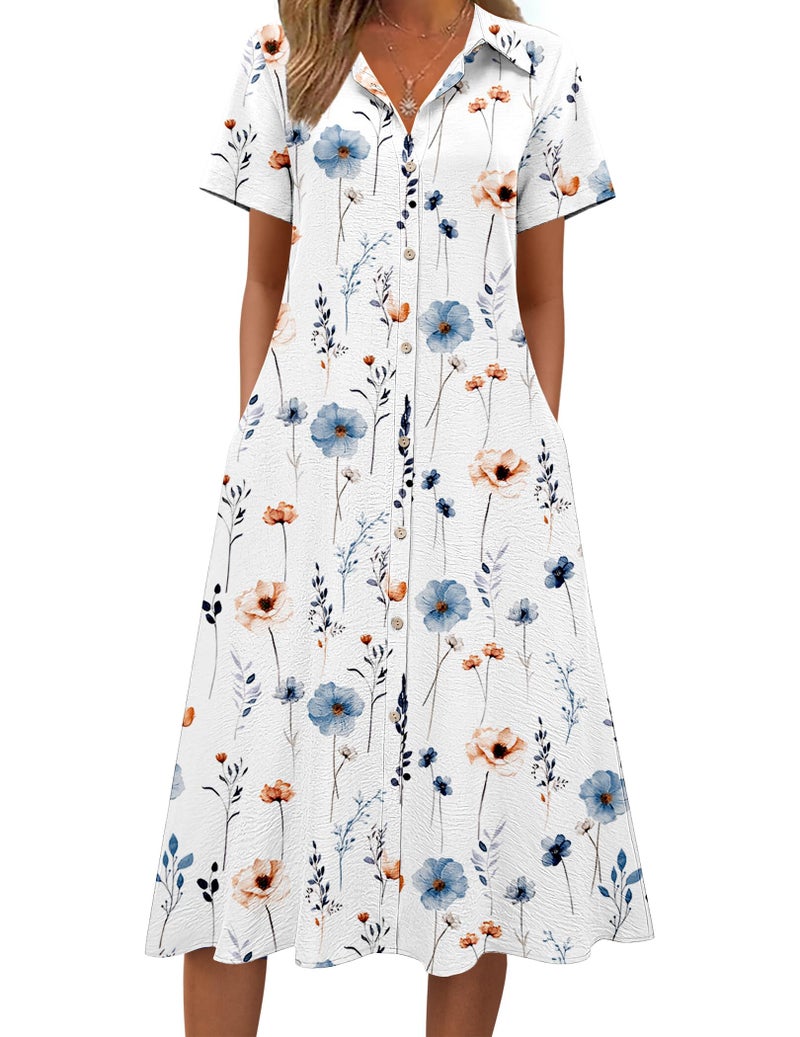 Zeagoo Spring Dresses for Women 2026 Loose Fitting Short Sleeve Swimsuit A-Line Tunic Shirt Dress V Neck Midi Summer Sundress Cotton Beach Cover Ups Vacation Outfits White Floral - Image 1