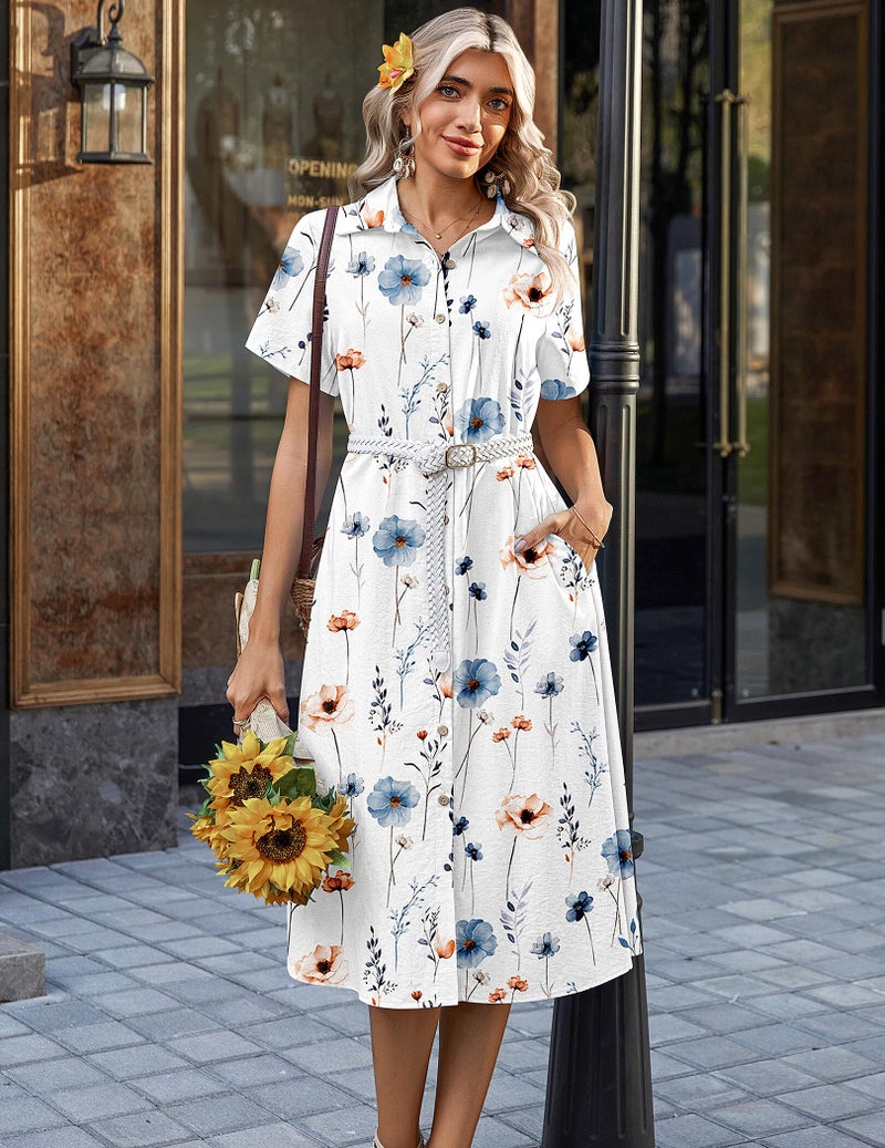 Zeagoo Spring Dresses for Women 2026 Loose Fitting Short Sleeve Swimsuit A-Line Tunic Shirt Dress V Neck Midi Summer Sundress Cotton Beach Cover Ups Vacation Outfits White Floral - Image 5