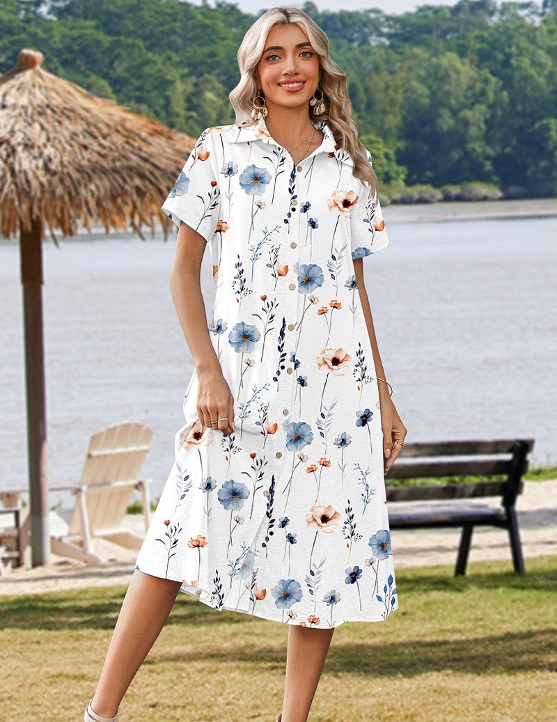 Zeagoo Spring Dresses for Women 2026 Loose Fitting Short Sleeve Swimsuit A-Line Tunic Shirt Dress V Neck Midi Summer Sundress Cotton Beach Cover Ups Vacation Outfits White Floral - Image 2