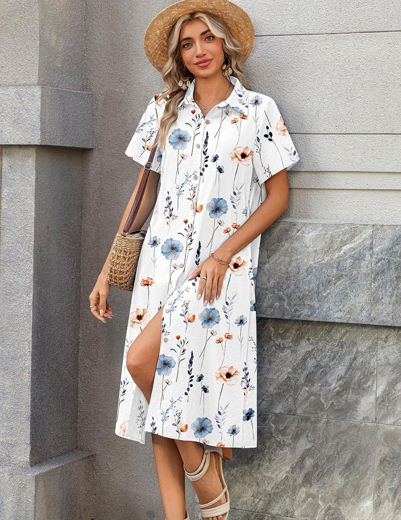 Zeagoo Spring Dresses for Women 2026 Loose Fitting Short Sleeve Swimsuit A-Line Tunic Shirt Dress V Neck Midi Summer Sundress Cotton Beach Cover Ups Vacation Outfits White Floral - Image 4
