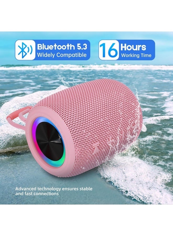 Portable Bluetooth Speaker, BT5.3 Wireless Speaker 10W Bass Diaphragms with Multi LED Light Dynamic Modes, IPX6 Waterproof 16H Playtime supports FM Mode, TF, USB for Home, Cycling, Outdoor, Beach-Pink - Image 4