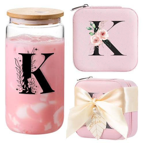 AYGXU Mothers Day gifts,Graduation Gifts for Her, Bridesmaid Gifts,Drinking glass with Bamboo Lids and Straw,Jewelry Organizer,Travel Essentials Small Jewelry Box,Teen Girls Gifts,Initial K pink - Image 1