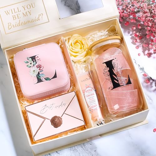 AYGXU Mothers Day gifts,Graduation Gifts for Her, Bridesmaid Gifts,Drinking glass with Bamboo Lids and Straw,Jewelry Organizer,Travel Essentials Small Jewelry Box,Teen Girls Gifts,Initial K pink - Image 3